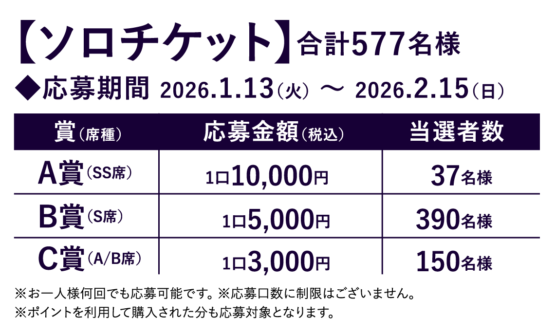 【ソロチケット】合計577名様 ◆応募期間 2026.1.13（火）〜 2026.2.15（日）